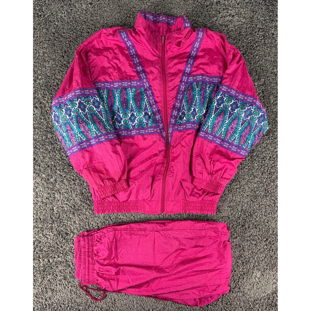 Vintage 80s Bocoo Tracksuit Magenta Pink Geometric Windbreaker Pants Set Medium